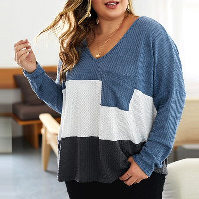 

Gobestart Womens Fashion Plus Size Stitching Pocket Long Sleeve Top Sweater