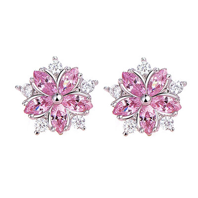 

Sterling Silver Pink Crystal Zircon Cherry Blossom Flower Stud Earrings For Women Girl