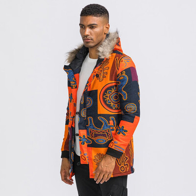 

Gobestart Man Winter Warm Outwear Floral Print Hooded Pockets Vintage Oversize Coats