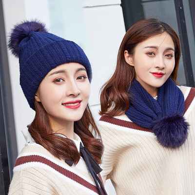 

Womens winter Korean version of the warm knitted hat hundred round neck double with a wool ball hat winter ear-guard hat hat