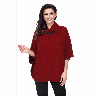 

High neck half sleeve waffle wool knit shawl casual sweater womens