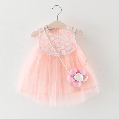 

Summer Baby Girl Short Sleeve Princess Dress with Flower Shape Bag Lace Patchwork Sundress
