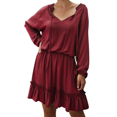 

Women Chic V-Neck Sweet Fashion Solid Color Long Sleeve Pullover Dress