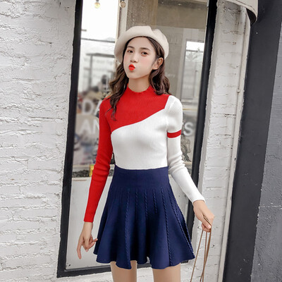 

Autumn Knitted Sweater Pullover Women Long Sleeve Slim Tops Round Neck Womens Geometric Patchwork Casual Sweater