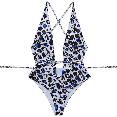 

Plunge Neck Backless Padded Criss-cross Strap Leopard Print Women Swimsuit