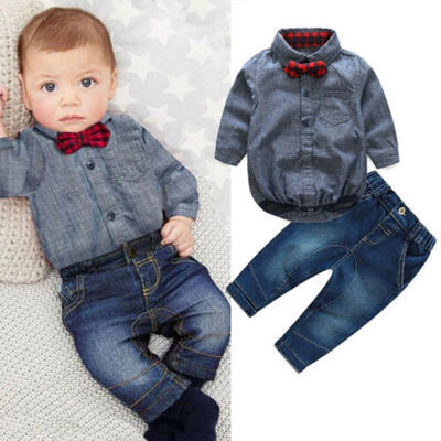 

US Baby Boy FormalPartyWedding2pcs Bow Romper Long Pants Suit Outfit Clothes