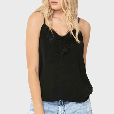 

Women Camisole Top Solid Satin Faux Silk Lace Splicing V Neckline Sleeveless Spaghetti Strap Sexy Basic Tops