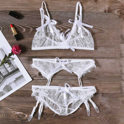 

Gobestart New Womens Lace Hollow Openwork Sexy Perspective Three-piece Set