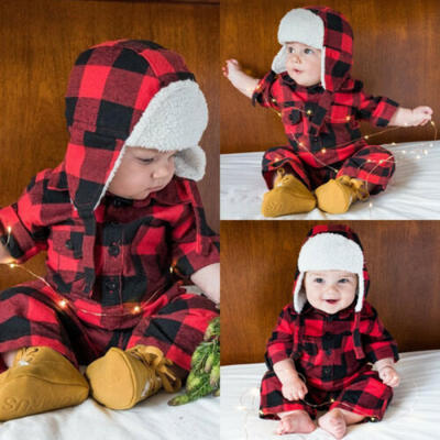 

Newborn Baby Boy Girl Plaid Romper Jumpsuit Toddler Xmas Outfit ClothesWarm Hat