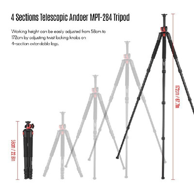 

Andoer MPT-284 Professional Aluminum Alloy Tripod 4-Section Transverse Axis Tripods Max Height 172cm Telescopic Bracket for Camer