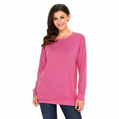 

Solid color round neck long sleeve with pocket bottoming shirt casual simple shirt womens