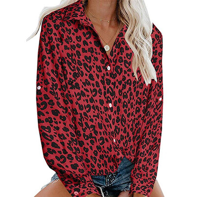 

Tailored Womens Long Sleeve Pocket Leopard Button Tee Casual Popular Blouse TopsS
