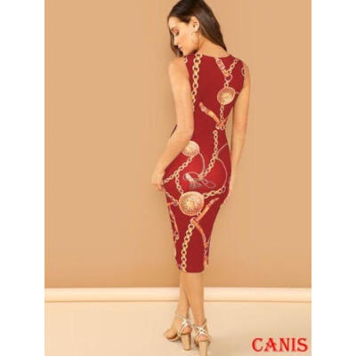 

Women Sexy Printing Dress Slim Elegant Party Dress Sleeveless Evening Dress