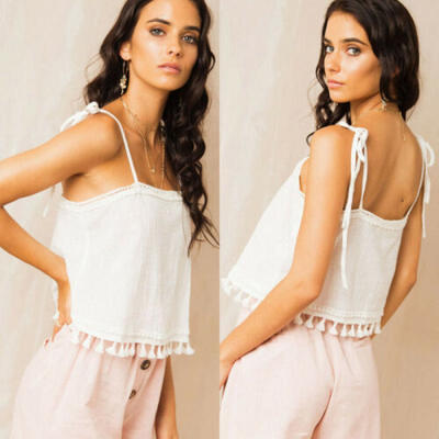 

Women Linen Strappy Tank Vest Cami Bralet Short Blouse Shirt Crop Tops Camisole