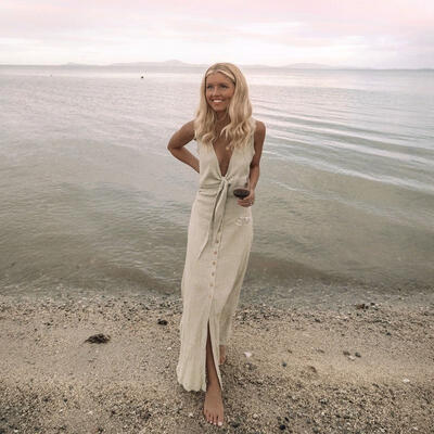 

Summer Women&39s Deep V neck Sleeveless Tie Front Dress Evening Party Dresses