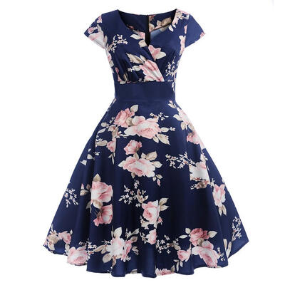 

Vintage Hepburn Style Flower Print Dress Women V-neck Tunic Swing Dresses