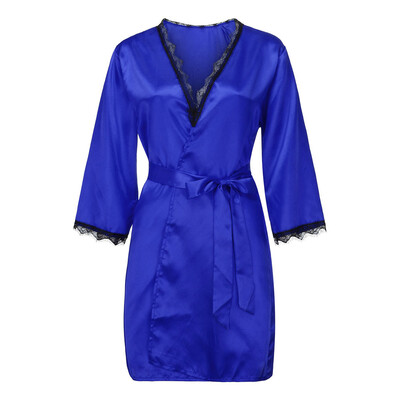 

Toponeto New Women Sexy Satin Fashion Lace Patchwork Pajamas Sleepwear Robe Long Sleeve