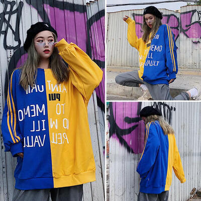 

Fashion Loose Splicing Color Street Sweatshirt Women Letters Print Tops