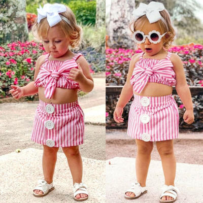 

Kid Toddler Baby Girl Stripes Crop Top Vest Skirt Dress Outfit Set Party Clothes
