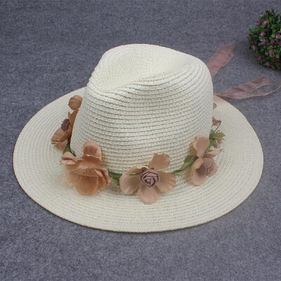 

Summer Women Flower Straw Hat Garland Ribbon Floral Wide Brim Sun Beach Cap Fedora Trilby Hat WhiteBeigeKhaki