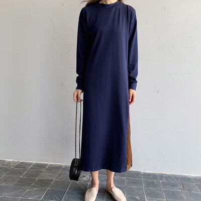 

Tailored Women Casual Solid O-Neck Dress Long Sleeve Big Swing Pleated Dress