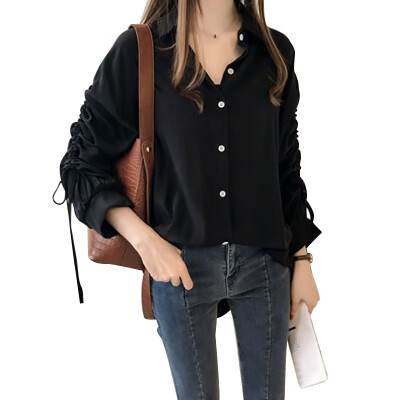 

Women Casual All-match Concise Shirt Drawstring Long Sleeve Loose Button-down Blouse