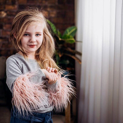 

Toddler Baby Girls Long Sleeve Fluffy Splice Fur Sleeve Tops Solid Print T-Shirt