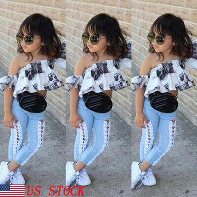 

US Toddler Kids Baby Girls Off Shoulder TopsBandage Jeans Pants Outfits Clothes