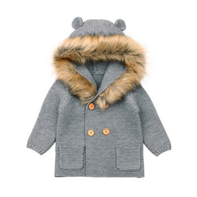 

Baby Hooded Knitted Sweaters Fur Collar Double-breasted Cartoon Ears Coat