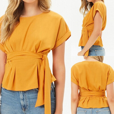 

Starmoon Fashion Women Summer Casual Solid Color Strappy O-Neck Short sleeve Tops