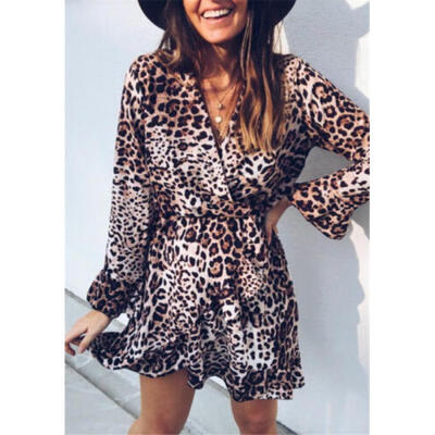 

Women Long Sleeve Leopard Print Mini Dress Autumn Party Club Wear T-Shirt Dress