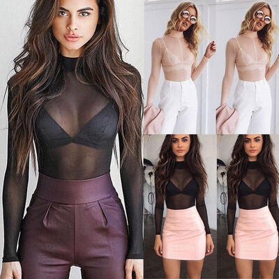 

Women Sexy See-through Sheer Mesh Blouse Long Sleeve Casual T-Shirt Black Pink