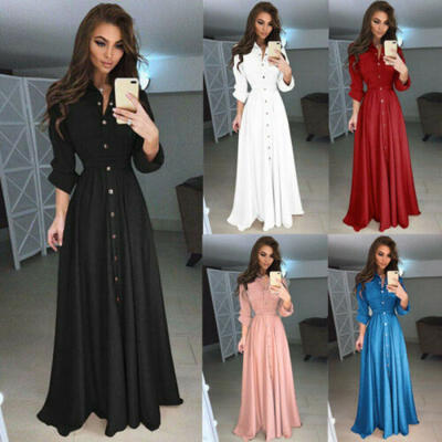 

Womens Long Sleeve Elegant Button Long Maxi Cocktail Evening Party Shirt Dress