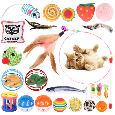 

22 pcsset Cat Toys Lovely Ball Mouse Plush Toys for Cats Metal Wire Spring Feather Color Cat Toy With Bell Pet Interactive Toys
