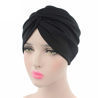 

10 Colors Women Muslim Stretchy Cancer Chemo Hat Pleated Bandanas Turban Beanie Cap Indian Cap