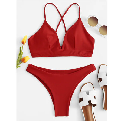 

Saidsome Fashion Women Sexy Solid Color V-Neck Bottom Bikini Set Padded Bandage Swimsuits