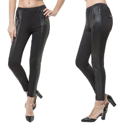 

New Sexy Women Skinny Leggings PU Leather Splice Elastic Waist Stretch Bodycon Pencil Pants Trousers Tights Jeggings Black