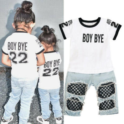 

US Newborn Baby Girls T-shirt Tops Mesh Hole Denim Pants Jeans Outfits Clothes