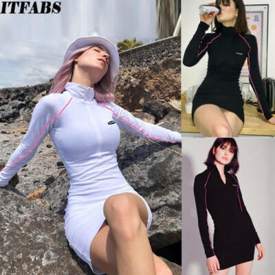 

Winter Autumn Women Long Sleeve Zipper Casual Maxi Dress Sport Reflective Tops