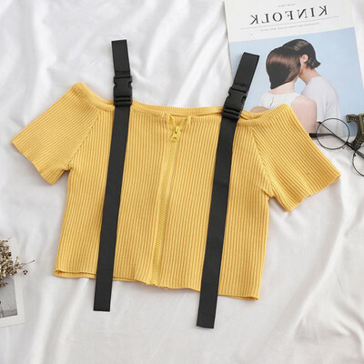 

T-Shirt Women Short Sleeve Crop Top Korean Style Feminina Knitted Cotton Black Sexy Short Top