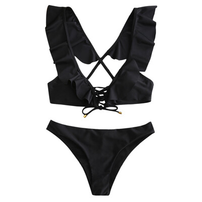 

Ruffled Lace Up Padded Bikini Set