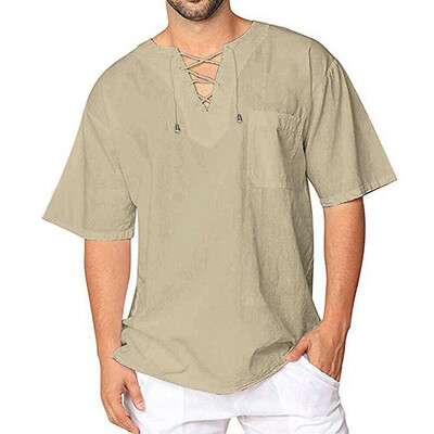 

Men Summer T-Shirt Cotton Linen Thai Hippie Shirt V-Neck Beach Yoga Top