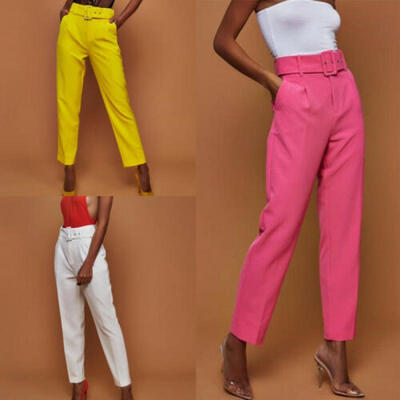 

New Womens High Waist Pencil Pants Ladies Tie Belt Paper Bag Solid Trousers