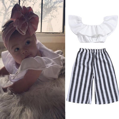 

Kids Girls 2Pcs Clothes Set Off Shoulder T-shirt Tops Striped Pants Outfits