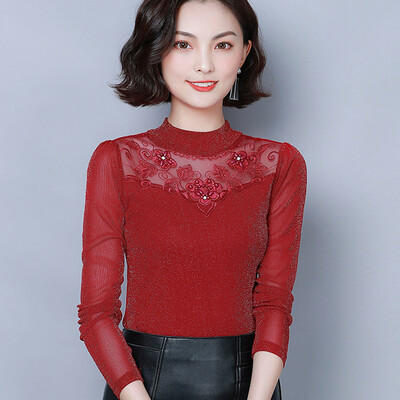 

Tailored Fashion Women Ladies Lace Crochet Hollow Long Sleeve Mesh T Shirt Blouse Top