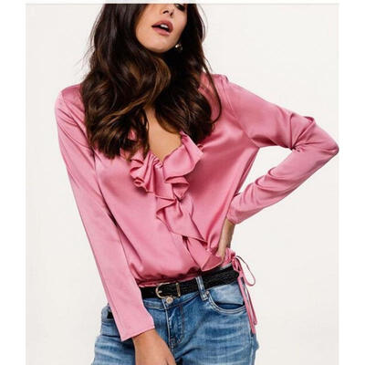 

Women Fashion Long Sleeve V Neck Shirt Casual Blouse Satin Tops T-shirt NEW