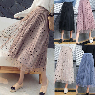 

Fashion Womens Tulle Tutu High Waist Pleated Flared Skirt Polka Dot Elastic