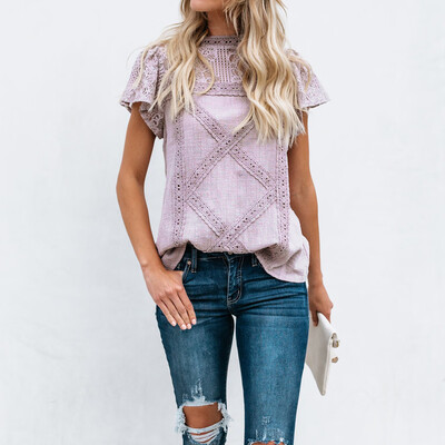 

Nomeni Womens Lace Patchwork Flare Ruffles Short Sleeve Cotton Shirt Blouse Top Plus