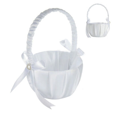 

Romantic White Satin Bowknot Pearl Flower Girl Basket Wedding Party Decoration