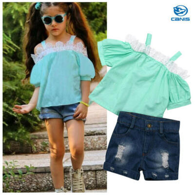

US Summer Toddler Baby Girls Lace Tops Denim Short Pants Casual Outfits Clothes